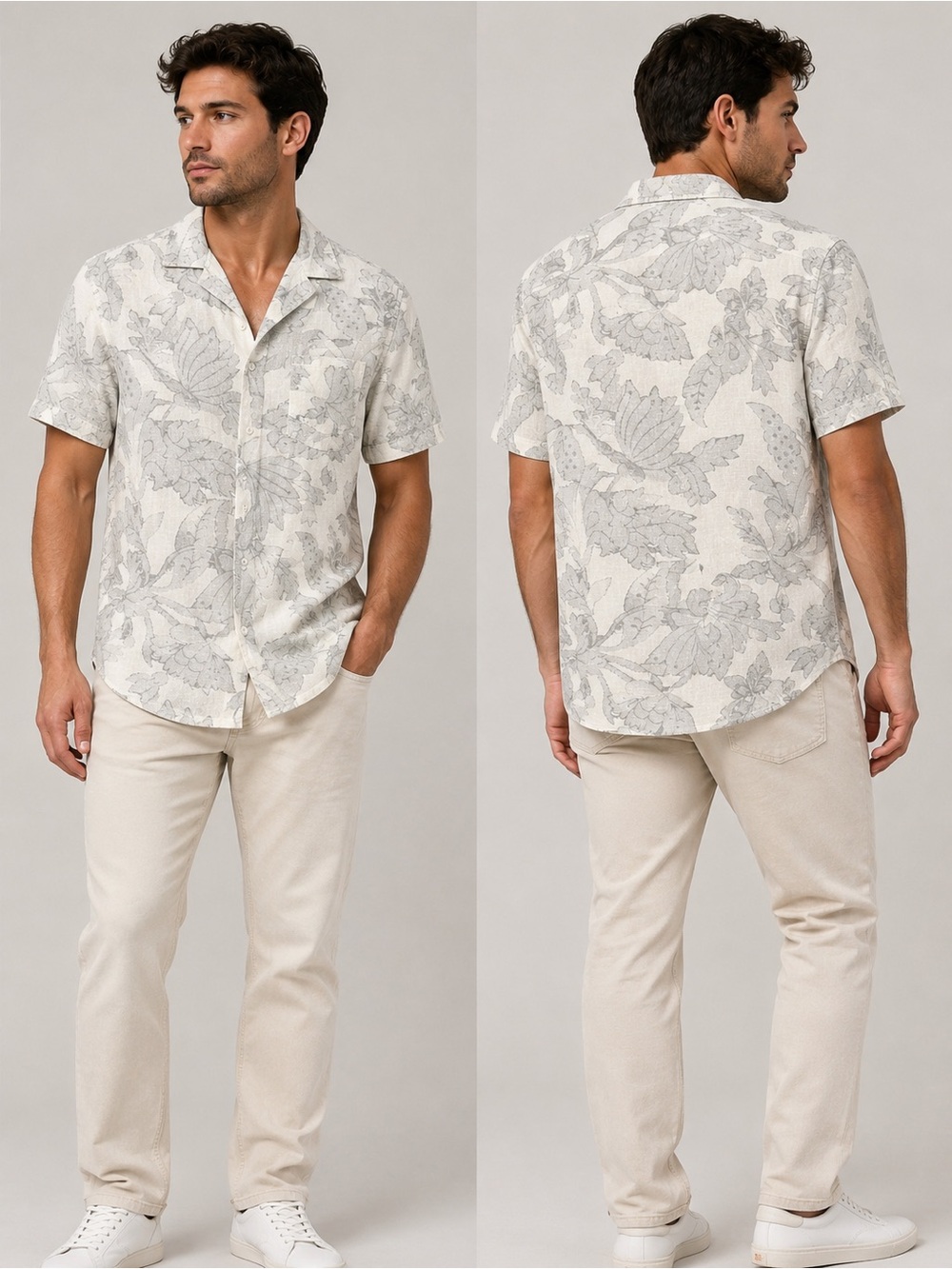 Scott James Men’s Botanical Short Sleeve Button Up Shirt Gray Cream M NWT